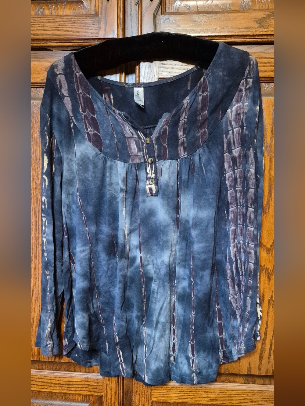 Blue Tie-Dye Henley Peasant Top with Vertical Accents